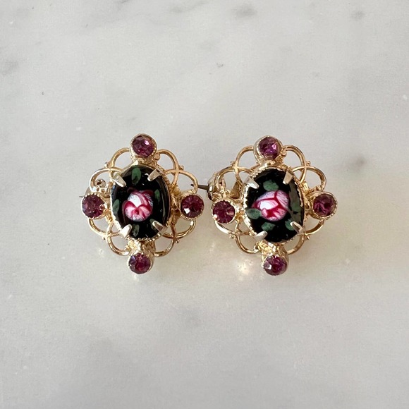 Vintage Hand Painted Rose Floral Rhinestone Filigree Scatter Pins - Picture 1 of 6